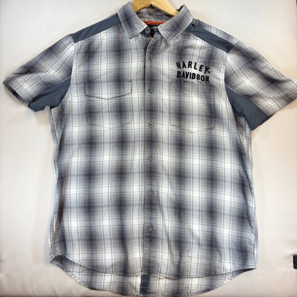 Harley Davidson Shirt Mens L Gray White Plaid Performance Vented Riding Biker